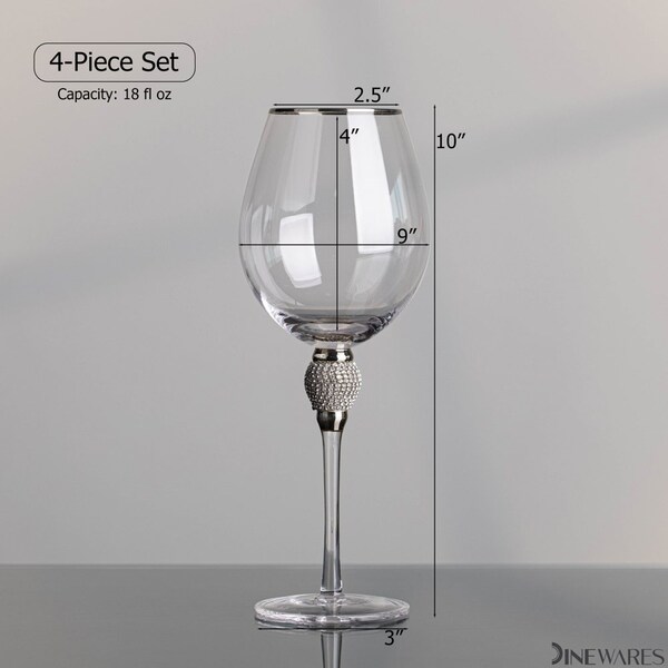 Dinewares Set of 4 Gold-Rimmed Red Wine Glasses with Diamond Rhinestone Accent - 18 oz, 10 Inches Tall - - QI004758.SI.4