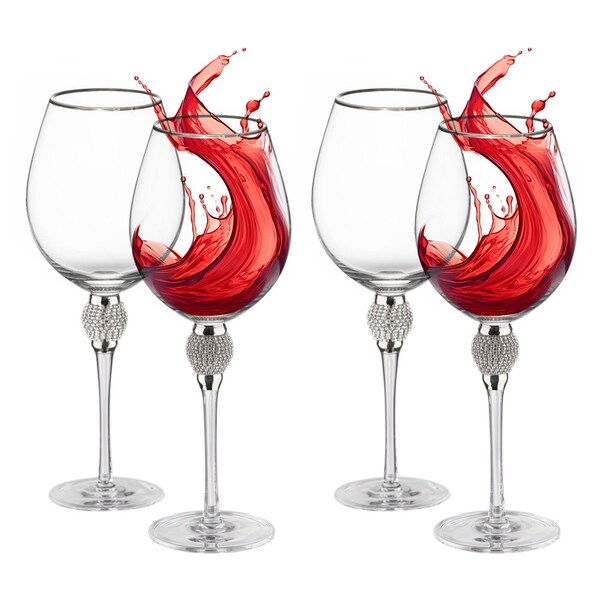 Dinewares Set of 4 Gold-Rimmed Red Wine Glasses with Diamond Rhinestone Accent - 18 oz, 10 Inches Tall - - QI004758.SI.4