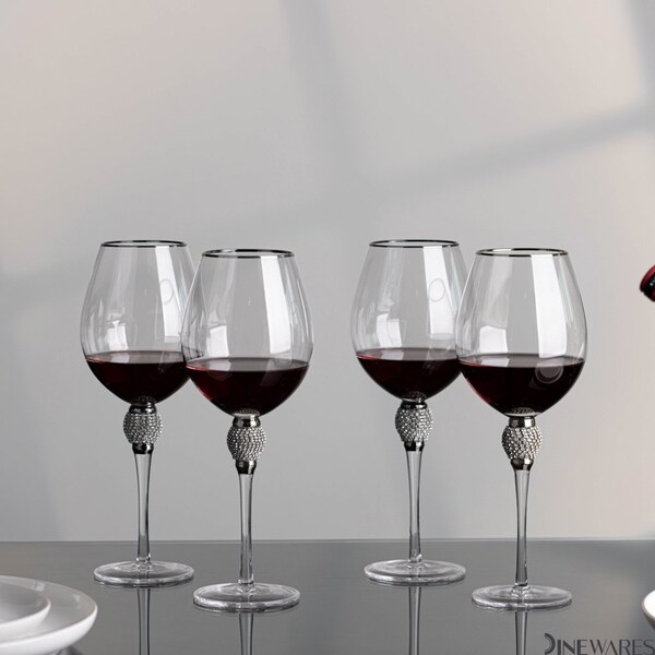 Dinewares Set of 4 Gold-Rimmed Red Wine Glasses with Diamond Rhinestone Accent - 18 oz, 10 Inches Tall - - QI004758.SI.4