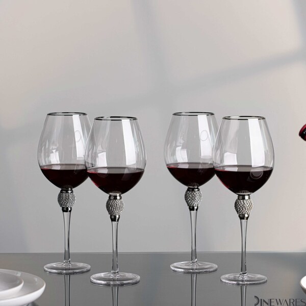 Dinewares Set of 4 Gold-Rimmed Red Wine Glasses with Diamond Rhinestone Accent - 18 oz, 10 Inches Tall - - QI004758.SI.4