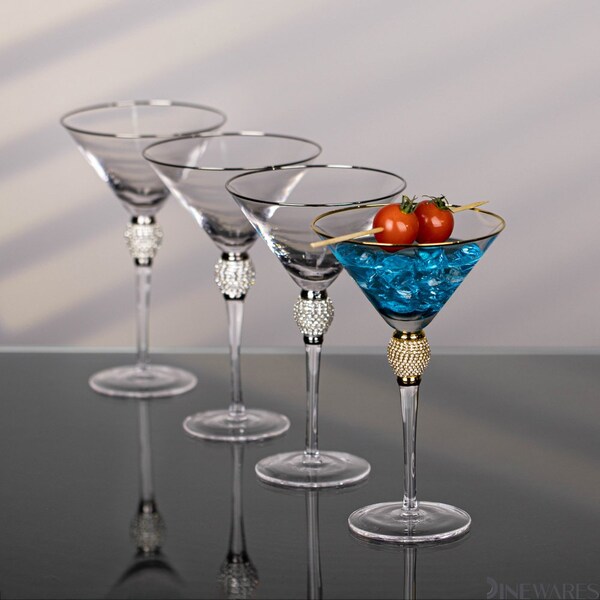 Dinewares 4 Piece Premium Clear Stem Crystal Martini Glasses with Gold Rim and Diamond-like - QI004760.GD.4
