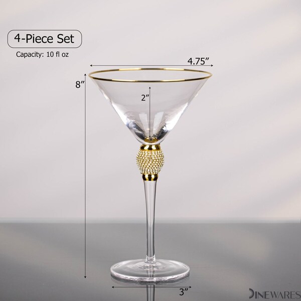 Dinewares 4 Piece Premium Clear Stem Crystal Martini Glasses with Gold Rim and Diamond-like - QI004760.GD.4