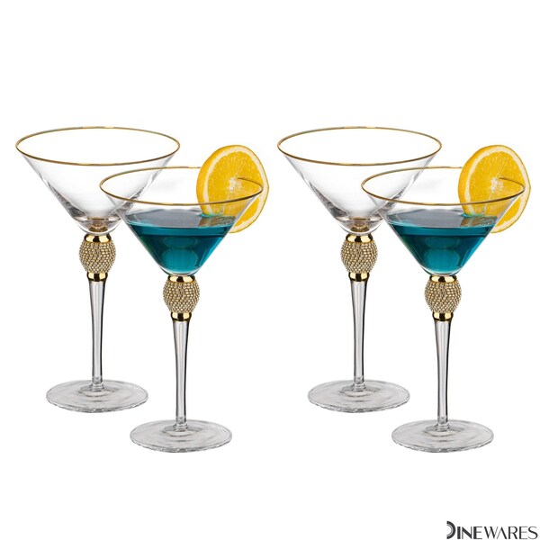 Dinewares 4 Piece Premium Clear Stem Crystal Martini Glasses with Gold Rim and Diamond-like - QI004760.GD.4