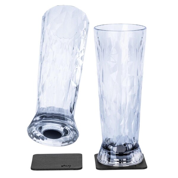 Silwy Drinkware Magnetic Plastic Beer Glasses with Metal Nano Gel Pads - Clear - Set of 2 - SILKO-BE-C-2