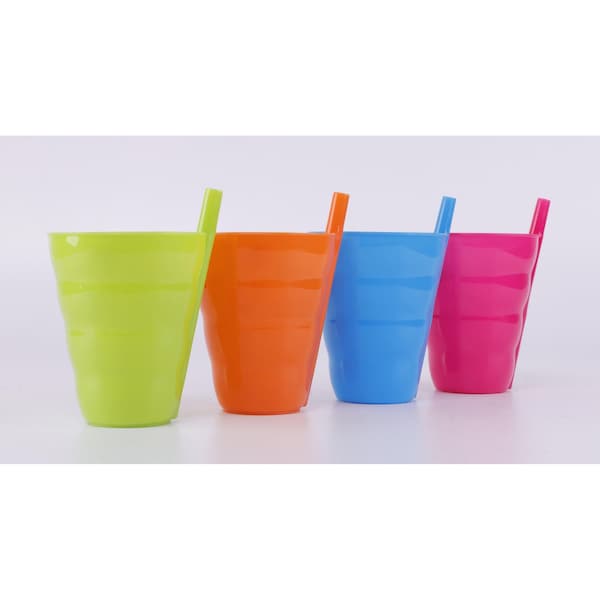 Basicwise 10 OZ Reusable Plastic Cups with Straw Blue, Pink, Green, and Orange, PK 4 - QI003474S.4