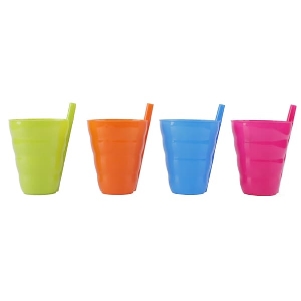 Basicwise 10 OZ Reusable Plastic Cups with Straw Blue, Pink, Green, and Orange, PK 4 - QI003474S.4