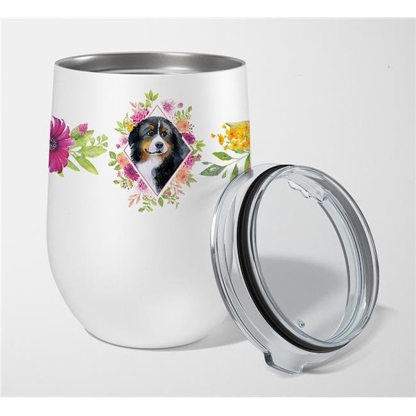 Carolines Treasures Carolines Treasures CK4118TBL12 12 oz Bernese Mountain Dog Pink Flowers Stainless Steel Stemless Wine Glass - CK4118TBL12