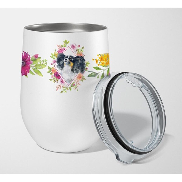 Carolines Treasures 12 oz Papillon Pink Flowers Stainless Steel Stemless Wine Glass - CK4165TBL12