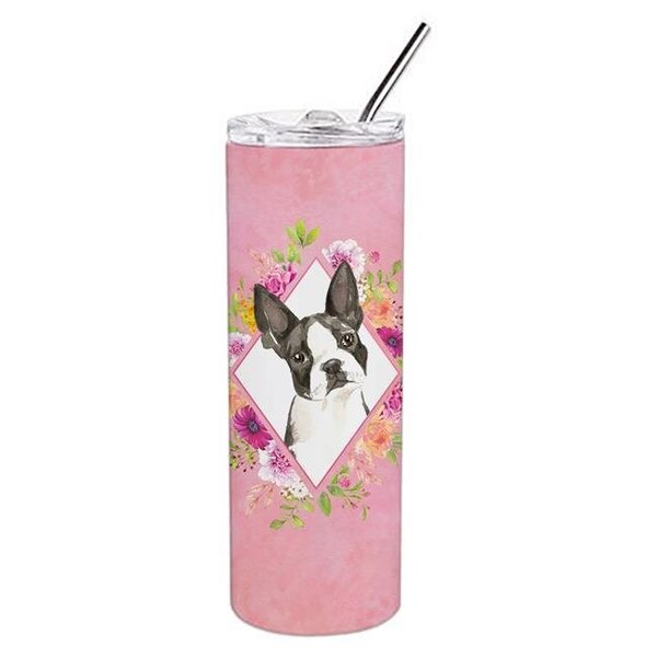 Carolines Treasures Carolines Treasures CK4257TBL20 20 oz Boston Terrier Pink Flowers Double Walled Stainless Steel Skinny Tumbler - CK4257TBL20