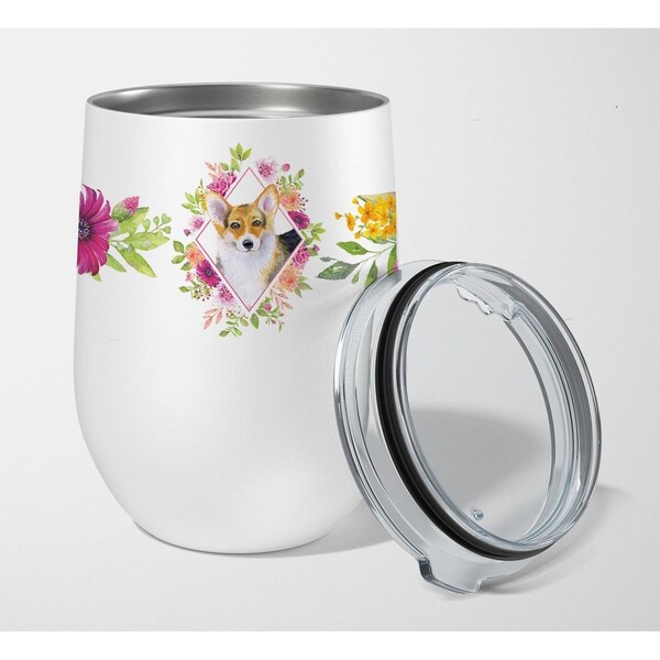 Carolines Treasures 12 oz Corgi Pink Flowers Stainless Steel Stemless Wine Glass - CK4167TBL12
