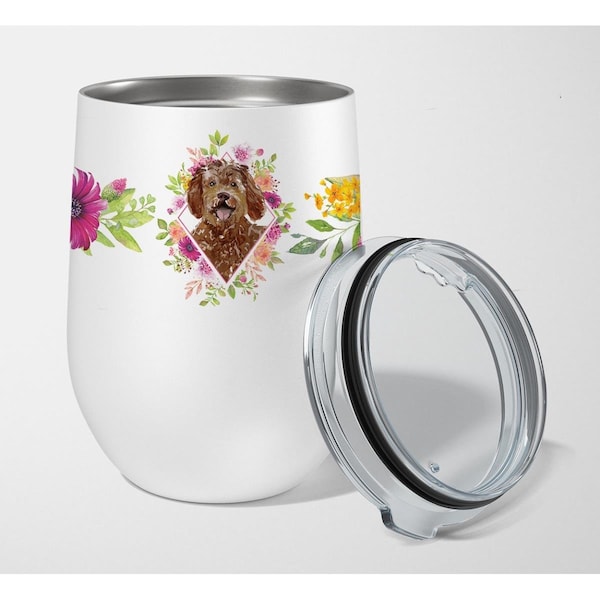 Carolines Treasures 12 oz Labradoodle Pink Flowers Stainless Steel Stemless Wine Glass - CK4228TBL12