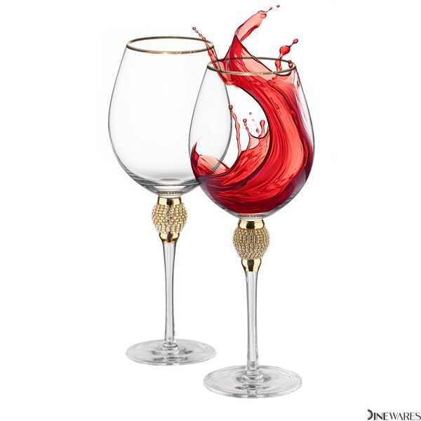 Dinewares Set of 2 Gold-Rimmed Red Wine Glasses with Diamond Rhinestone Accent - 18 oz, 10 Inches Tall - - QI004758.GD.2