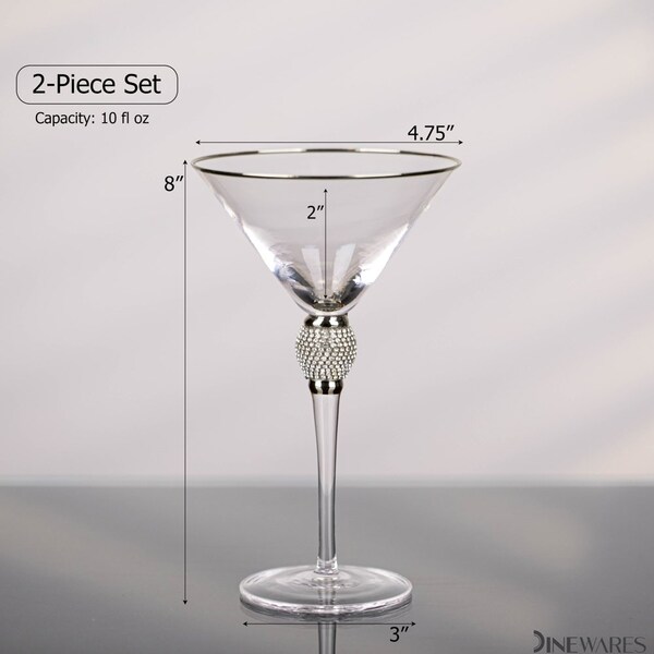 Dinewares 2 Piece Premium Clear Stem Crystal Martini Glasses with Silver Rim and Diamond-like - QI004760.SI.2