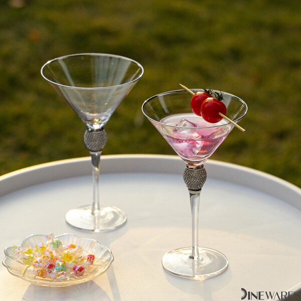 Dinewares 2 Piece Premium Clear Stem Crystal Martini Glasses with Silver Rim and Diamond-like - QI004760.SI.2