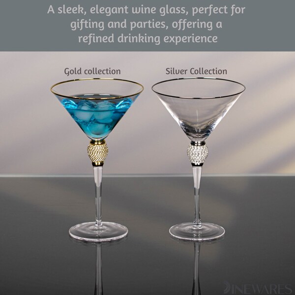 Dinewares 2 Piece Premium Clear Stem Crystal Martini Glasses with Silver Rim and Diamond-like - QI004760.SI.2