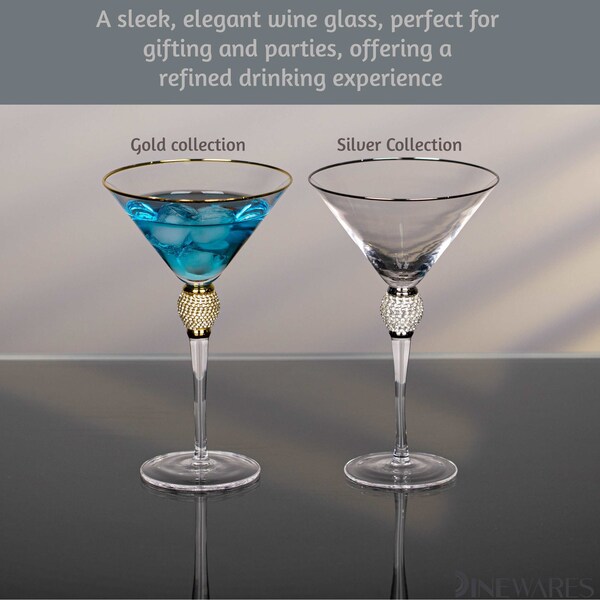 Dinewares 2 Piece Premium Clear Stem Crystal Martini Glasses with Gold Rim and Diamond-like - QI004760.GD.2