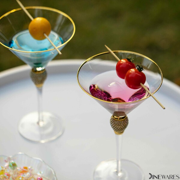 Dinewares 2 Piece Premium Clear Stem Crystal Martini Glasses with Gold Rim and Diamond-like - QI004760.GD.2