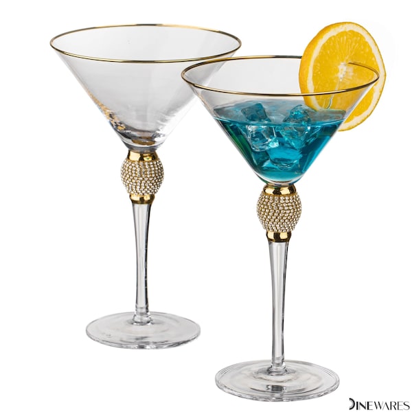 Dinewares 2 Piece Premium Clear Stem Crystal Martini Glasses with Gold Rim and Diamond-like - QI004760.GD.2