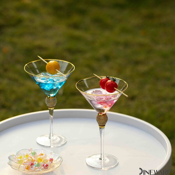 Dinewares 2 Piece Premium Clear Stem Crystal Martini Glasses with Gold Rim and Diamond-like - QI004760.GD.2