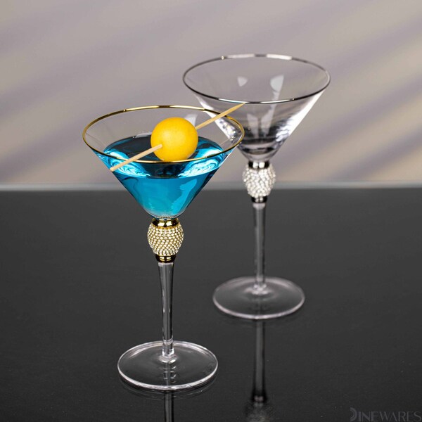 Dinewares 2 Piece Premium Clear Stem Crystal Martini Glasses with Gold Rim and Diamond-like - QI004760.GD.2