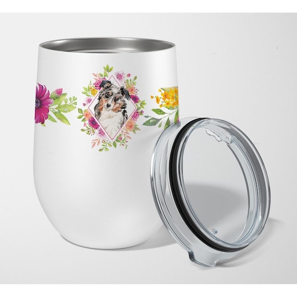 Carolines Treasures Carolines Treasures CK4267TBL12 12 oz Australian Shepherd Pink Flowers Stainless Steel Stemless Wine Glass - CK4267TBL12