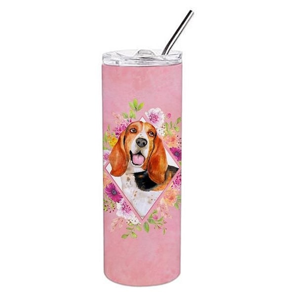Carolines Treasures Carolines Treasures CK4116TBL20 20 oz Basset Hound Pink Flowers Double Walled Stainless Steel Skinny Tumbler - CK4116TBL20