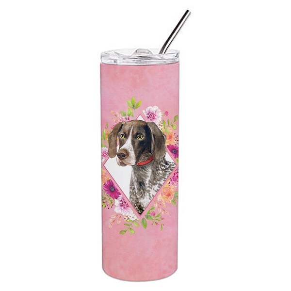 Carolines Treasures Carolines Treasures CK4157TBL20 20 oz German Shorthaired Pointer Pink Flowers Double Walled Stainless Steel Skinny Tumbler - CK4157TBL20