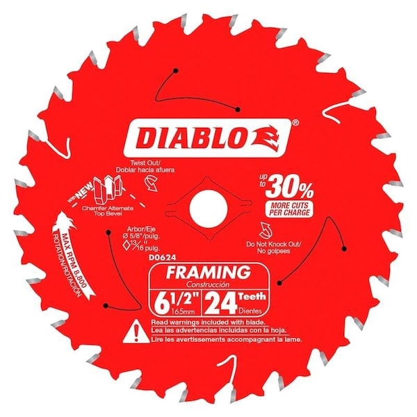 Diablo Framing Saw Blade, 6-1/2 in Dia, 5/8 in Arbor, 24-Teeth, Carbide Cutting Edge - D0624X3