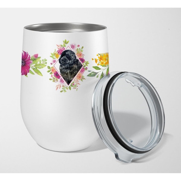 Carolines Treasures 12 oz Newfoundland Pink Flowers Stainless Steel Stemless Wine Glass - CK4163TBL12