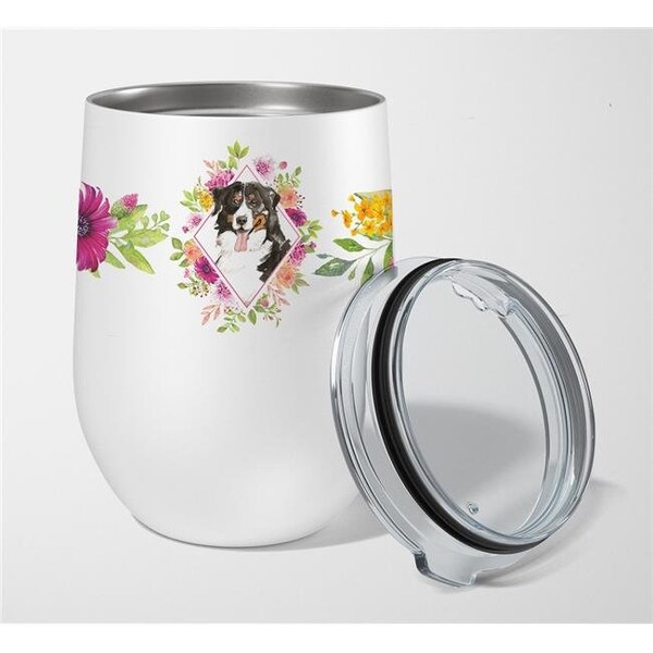 Carolines Treasures Carolines Treasures CK4264TBL12 12 oz Bernese Mountain Dog Pink Flowers Stainless Steel Stemless Wine Glass - CK4264TBL12