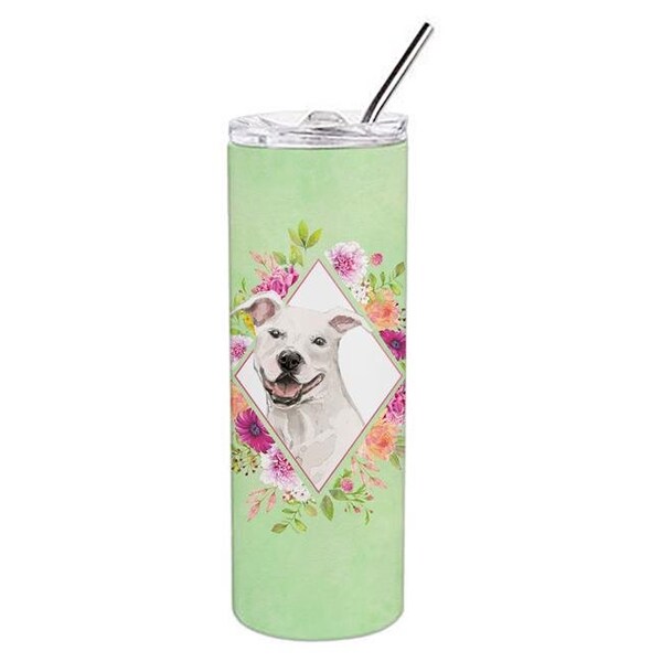 Carolines Treasures Carolines Treasures CK4428TBL20 20 oz White Pit Bull Terrier Green Flowers Double Walled Stainless Steel Skinny Tumbler - CK4428TBL20