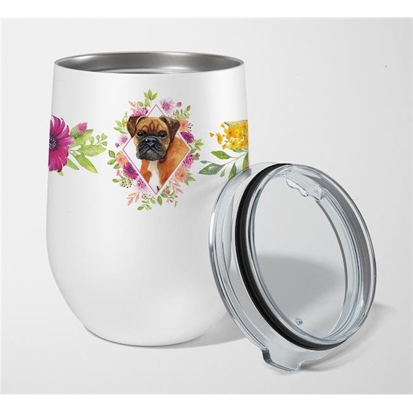 Carolines Treasures Carolines Treasures CK4145TBL12 12 oz German Boxer Pink Flowers Stainless Steel Stemless Wine Glass - CK4145TBL12