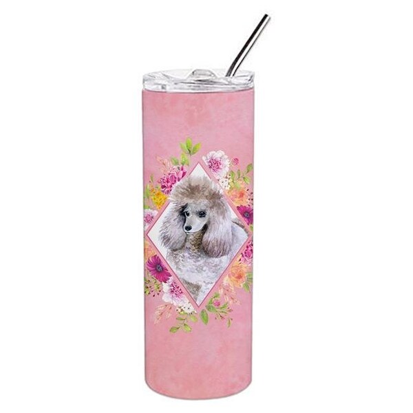 Carolines Treasures Carolines Treasures CK4173TBL20 20 oz Standard Grey Poodle Pink Flowers Double Walled Stainless Steel Skinny Tumbler - CK4173TBL20