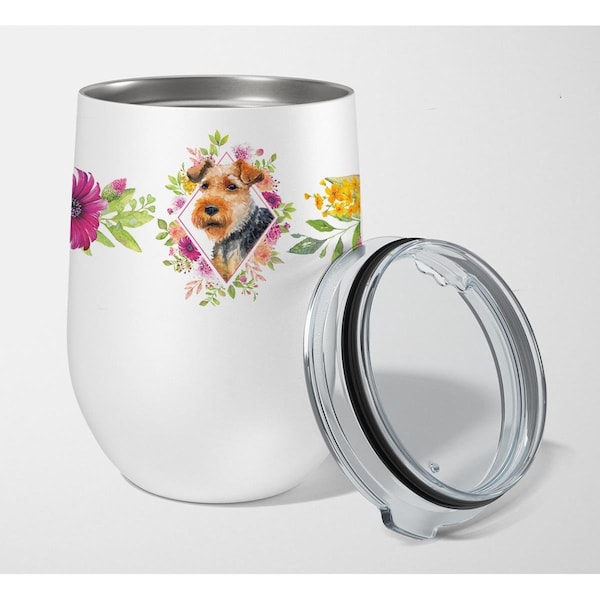 Carolines Treasures 12 oz Welsh Terrier Pink Flowers Stainless Steel Stemless Wine Glass - CK4192TBL12
