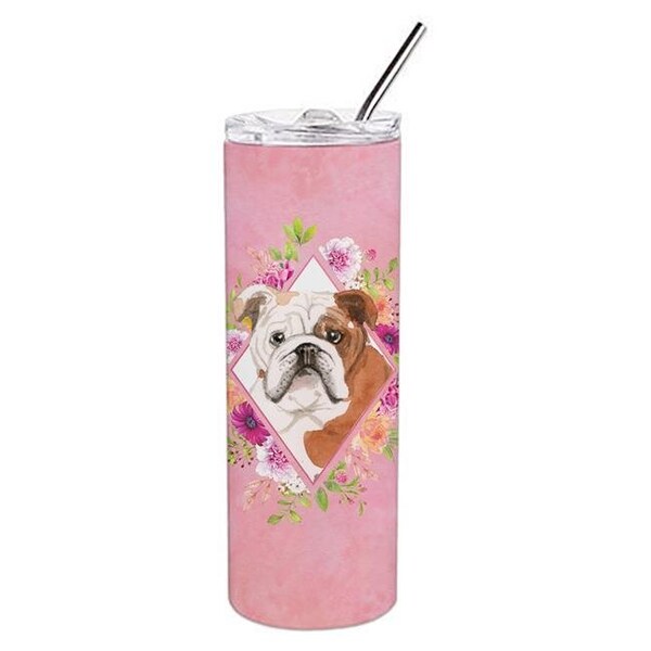 Carolines Treasures Carolines Treasures CK4240TBL20 20 oz English Bulldog Pink Flowers Double Walled Stainless Steel Skinny Tumbler - CK4240TBL20