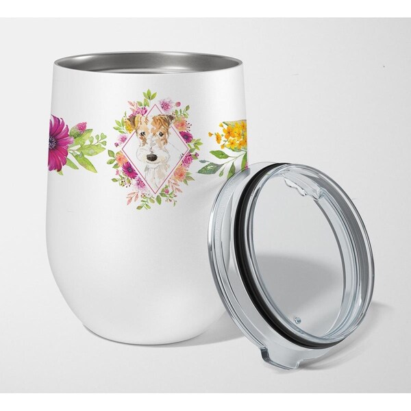 Carolines Treasures 12 oz Fox Terrier Pink Flowers Stainless Steel Stemless Wine Glass - CK4199TBL12