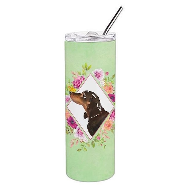Carolines Treasures Carolines Treasures CK4422TBL20 20 oz Black & Tan Dachshund Green Flowers Double Walled Stainless Steel Skinny Tumbler - CK4422TBL20