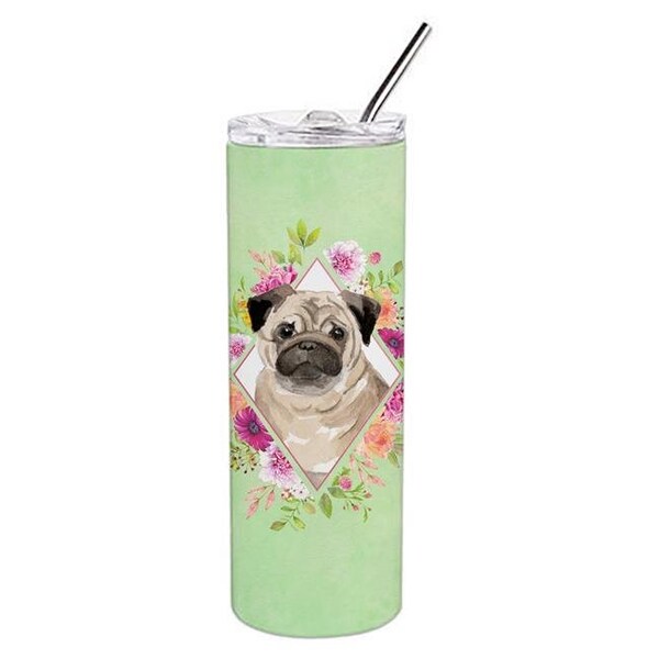 Carolines Treasures Carolines Treasures CK4378TBL20 20 oz Fawn Pug Green Flowers Double Walled Stainless Steel Skinny Tumbler - CK4378TBL20