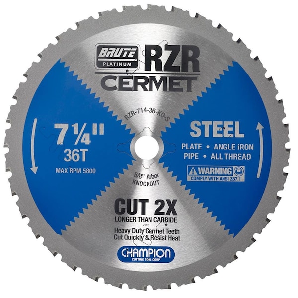 Brute Platinum 7-1/4in Brute RZR Cermet Tipped Circular Saw Blades for Steel, 36 Teeth, 5/8in KO Arbor - CHA RZR-714-36-KO-S
