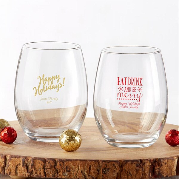 Kate Aspen 9 oz Personalized Stemless Wine Glass - Holiday - 30009NA-HOL