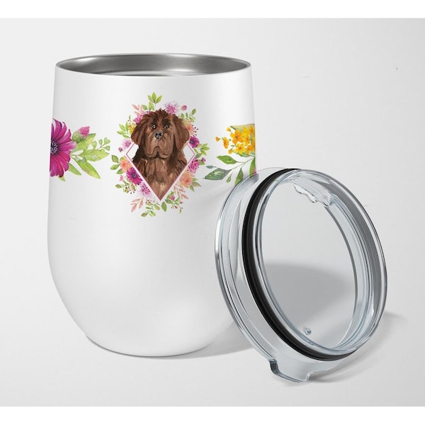 Carolines Treasures 12 oz Newfoundland Pink Flowers Stainless Steel Stemless Wine Glass - CK4221TBL12