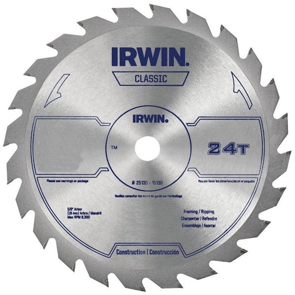 Irwin 15070 Circular Saw Blade, 10 in Dia, 58 in Arbor, 24Teeth, Carbide Cutting Edge - 15070G