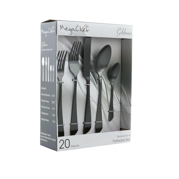 Megachef Stainless Steel Silverware Metal Gibbous Flatware Utensil Set, Black - 20 Piece - MCFW-GIBBOUS-BLACK