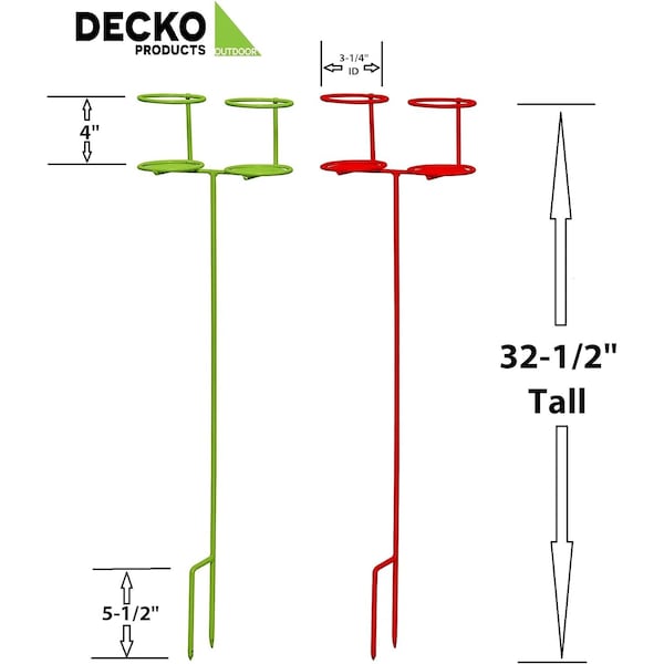 Decko Products Outdoor Heavy Duty Double Beverage Holder Stakes, Green and Red, 2PK - 30253