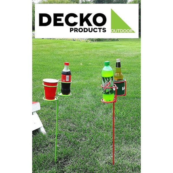 Decko Products Outdoor Heavy Duty Double Beverage Holder Stakes, Green and Red, 2PK - 30253
