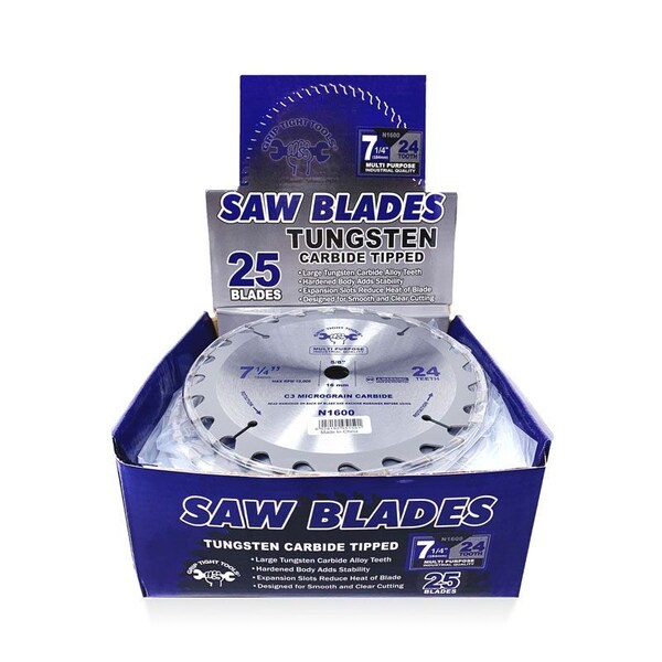 Grip Tight Tools 7-1/4-inch Professional 24-Tooth Tungsten Carbide Tipped Circular Saw Blade, Multi-Purpose, 25PK - N1600-25