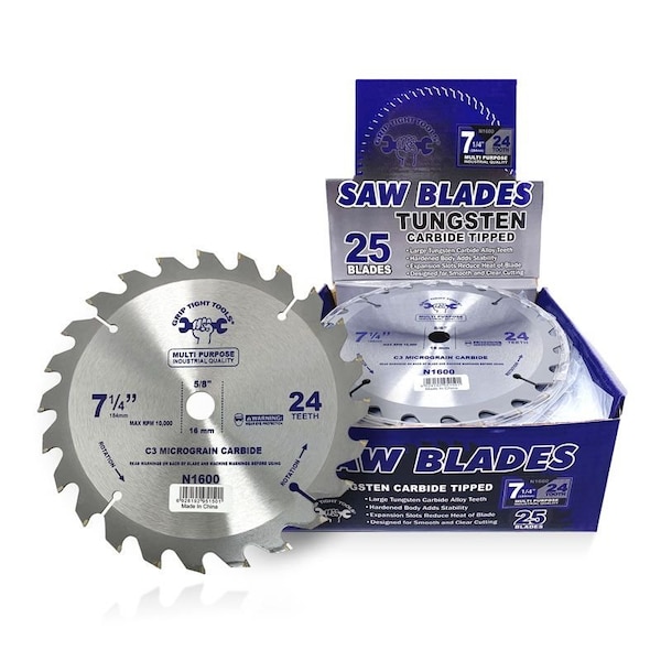 Grip Tight Tools 7-1/4-inch Professional 24-Tooth Tungsten Carbide Tipped Circular Saw Blade, Multi-Purpose, 25PK - N1600-25
