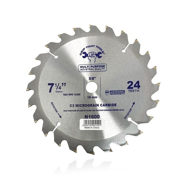 Grip Tight Tools 7-1/4-inch Professional 24-Tooth Tungsten Carbide Tipped Circular Saw Blade, Multi-Purpose, 25PK - N1600-25