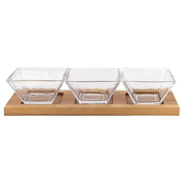 Tarifa 4 in. Mouth Blown Crystal Hostess Set with 3 Glass Condiment or Dip Bowls on a Wood Tray - 4 Piece - TA1854190