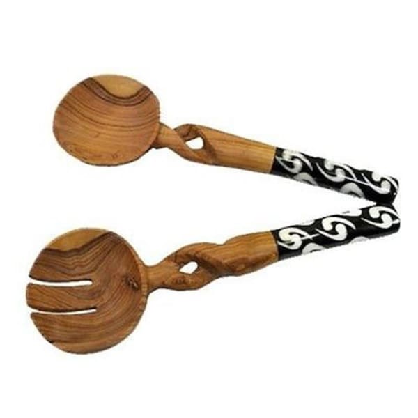 Jedando Handicrafts Olive Wood Salad Serving Set with Twisted Handles- 11 in. - KWF009T